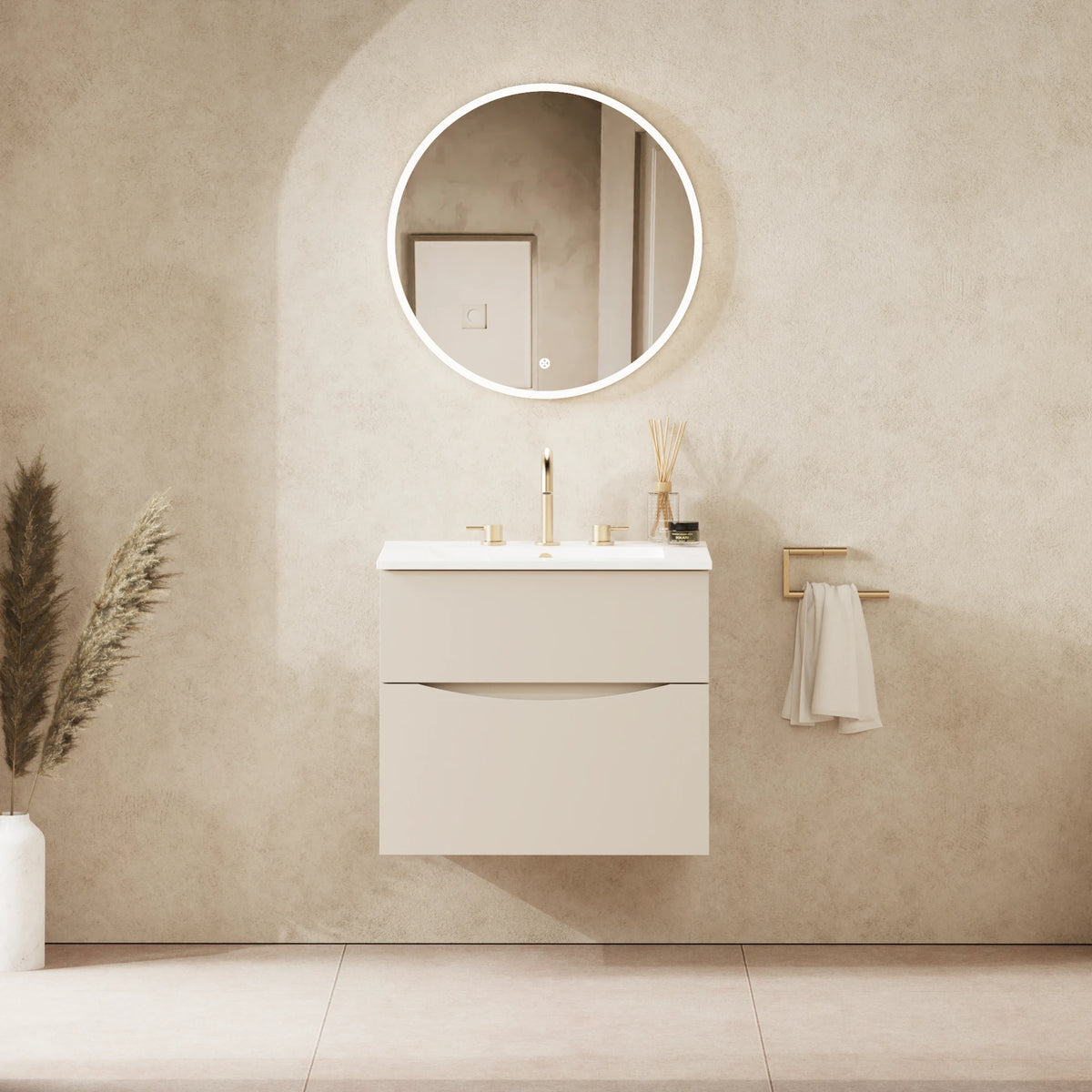 Crosswater Glide II 600 Double Drawer Unit with Basin in Warm Stone with Ceramic, 3 Tap Holes