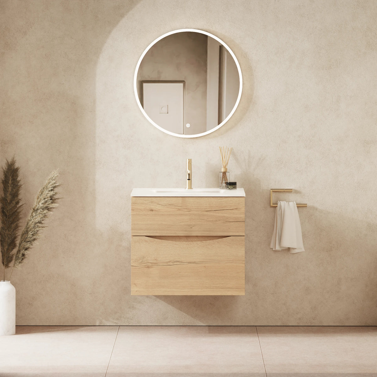 Crosswater Glide II 600 Double Drawer Unit with Basin in Windsor Oak with Ice White Glass, 1 Tap Hole