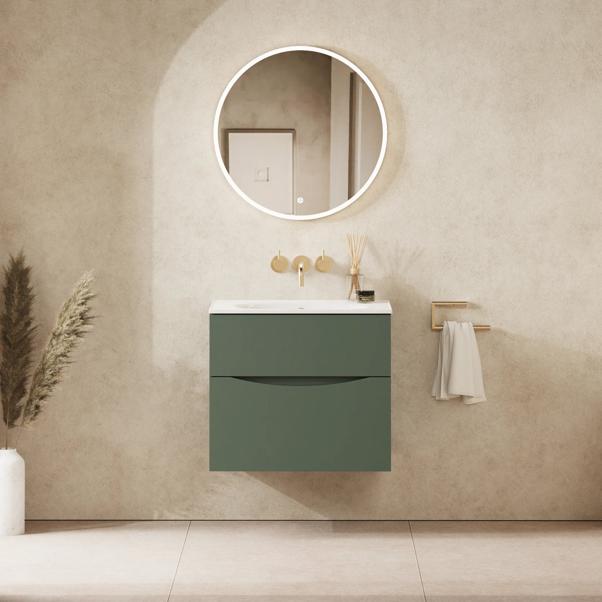 Crosswater Glide II 600 Double Drawer Unit with Basin in Sage Green with Cast Mineral Marble, No Tap Hole