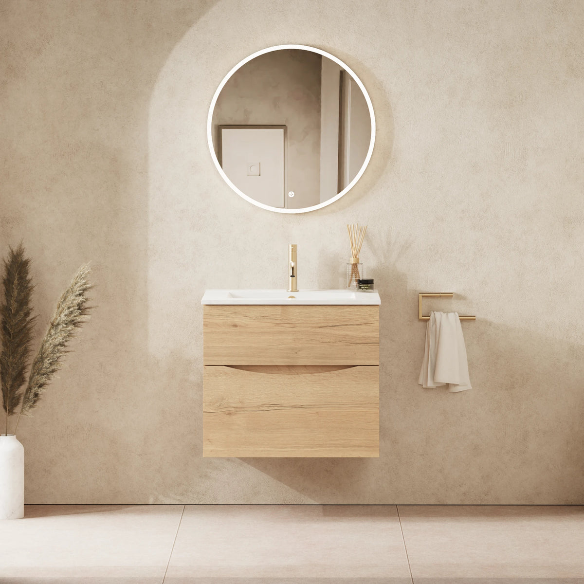 Crosswater Glide II 600 Double Drawer Unit with Basin in Windsor Oak with Cast Mineral Marble, 1 Tap Hole