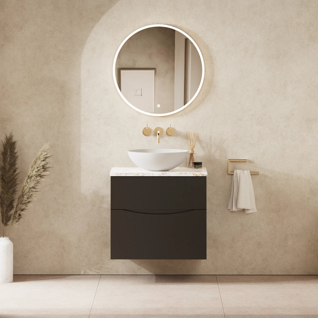 Crosswater Glide II 600 Double Drawer Unit with Worktop in Matt Black with Gold Vein Estatuario