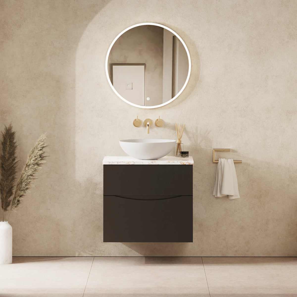 Crosswater Glide II 600 Double Drawer Unit with Worktop in Matt Black with Gold Vein Estatuario