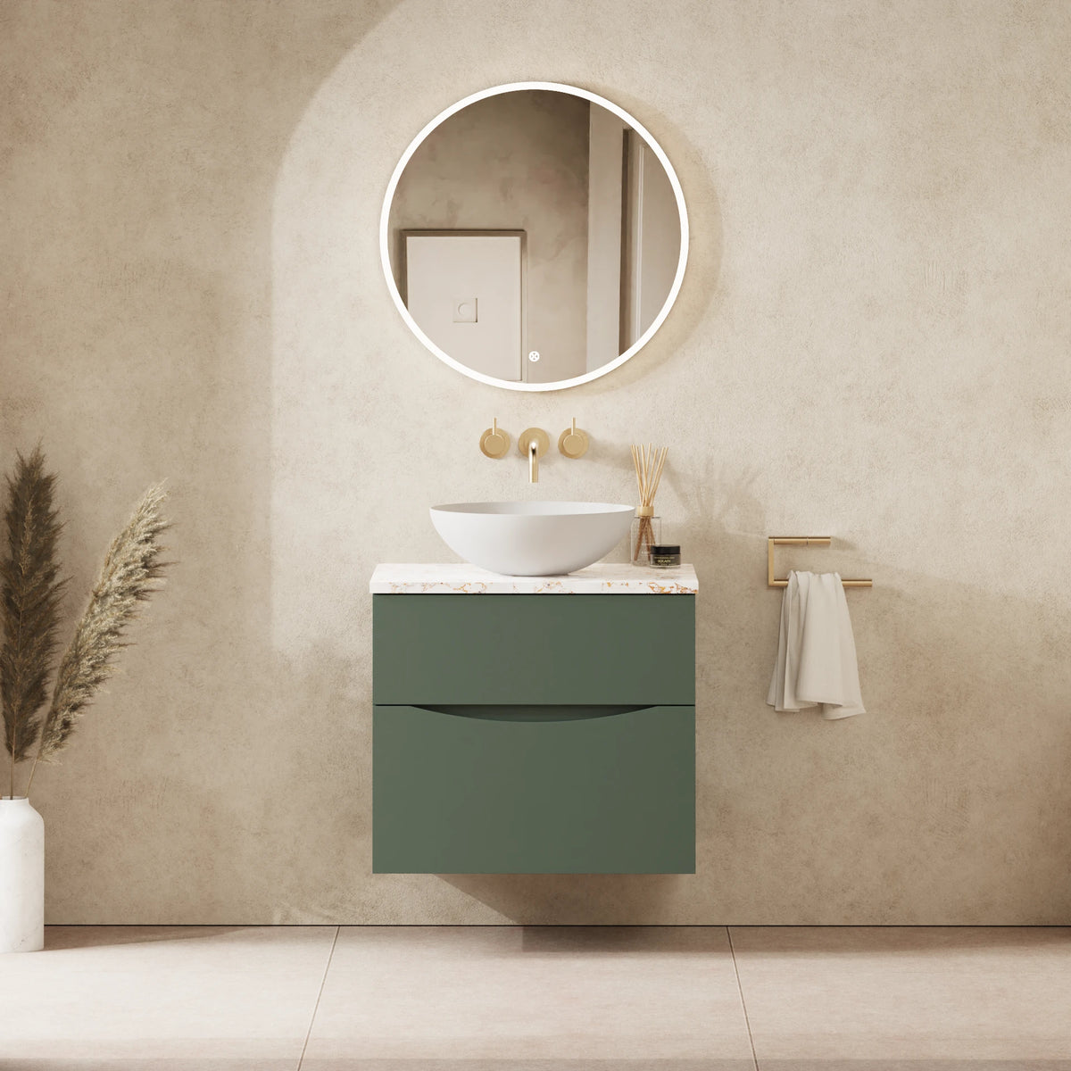 Crosswater Glide II 600 Double Drawer Unit with Worktop in Sage Green with Gold Vein Estatuario