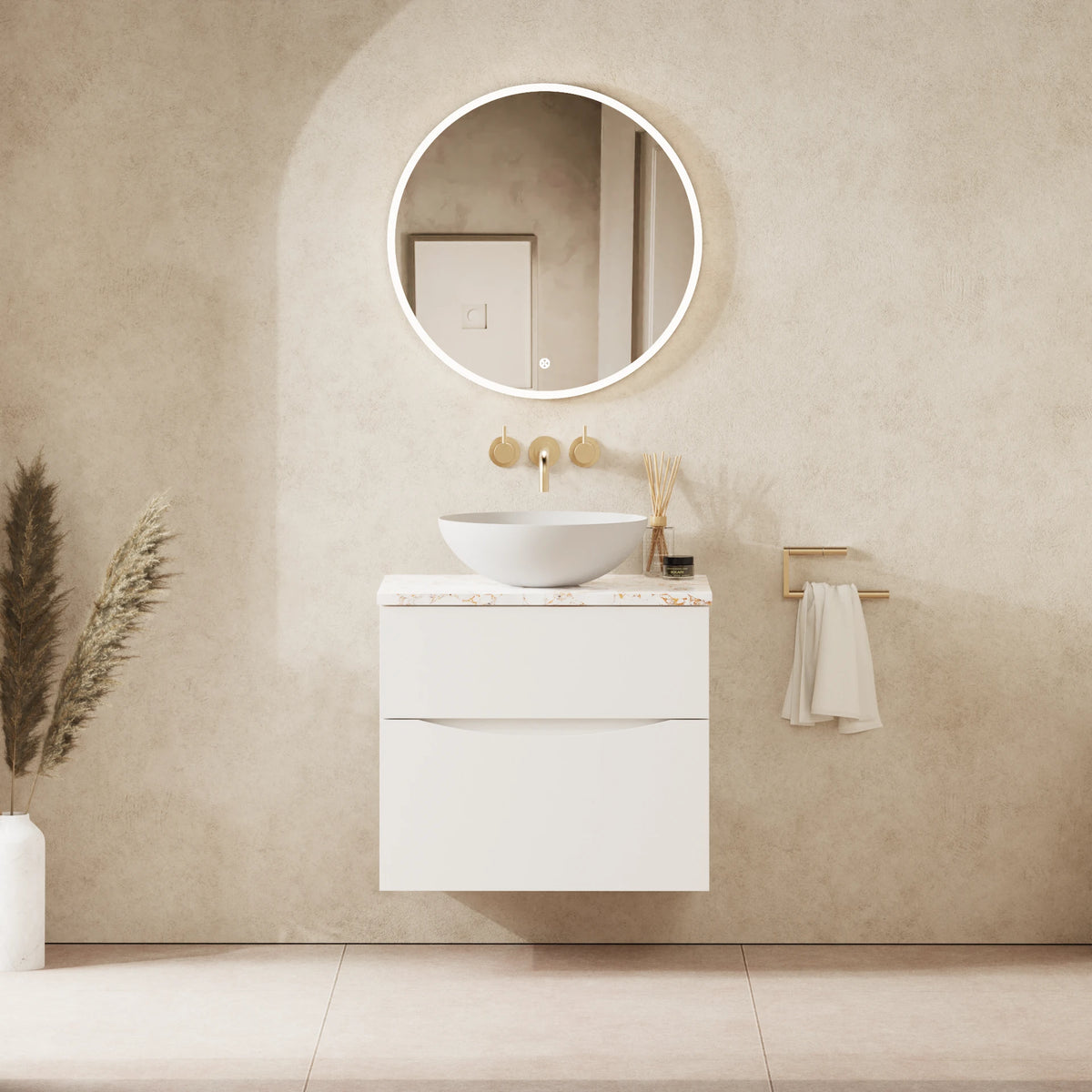 Crosswater Glide II 600 Double Drawer Unit with Worktop in White Gloss with Gold Vein Estatuario