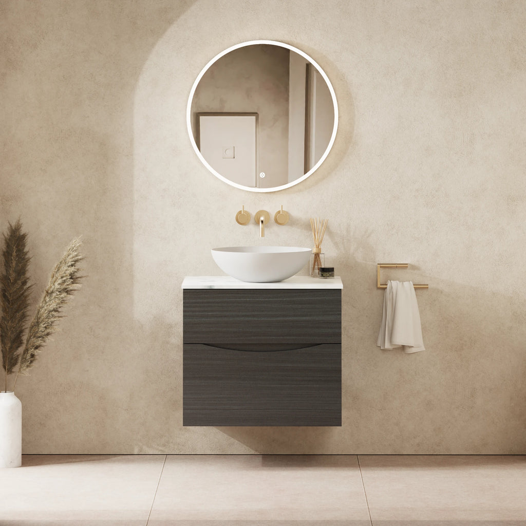 Crosswater Glide II 600 Double Drawer Unit with Worktop in Steelwood with Carrara Marble Effect