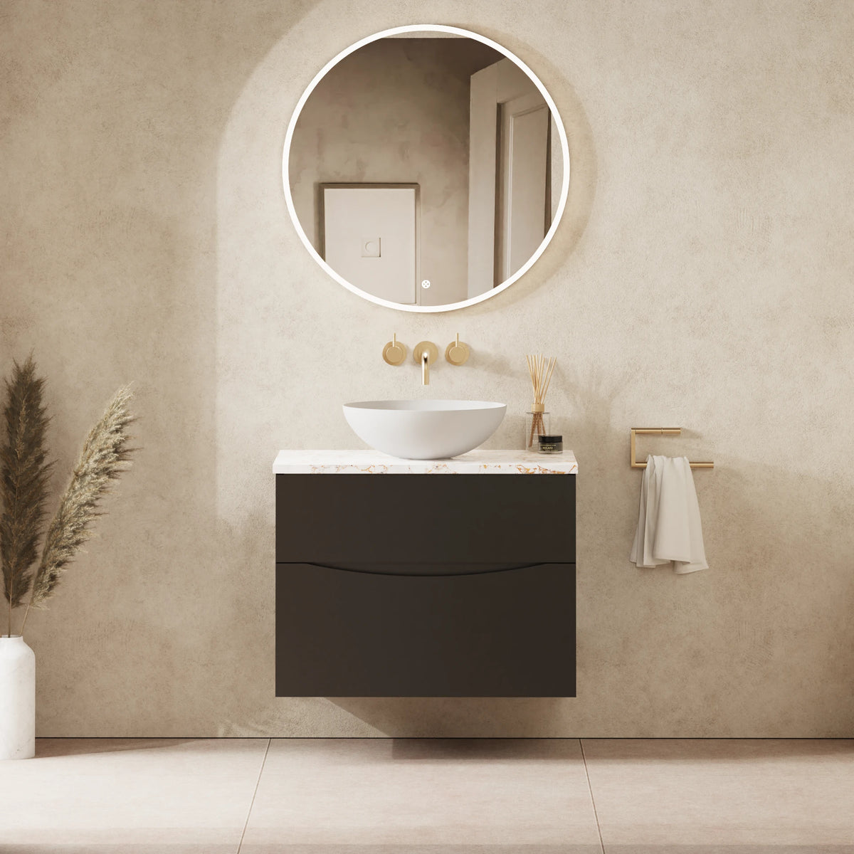 Crosswater Glide II 700 Double Drawer Unit with Worktop in Matt Black with Gold Vein Estatuario