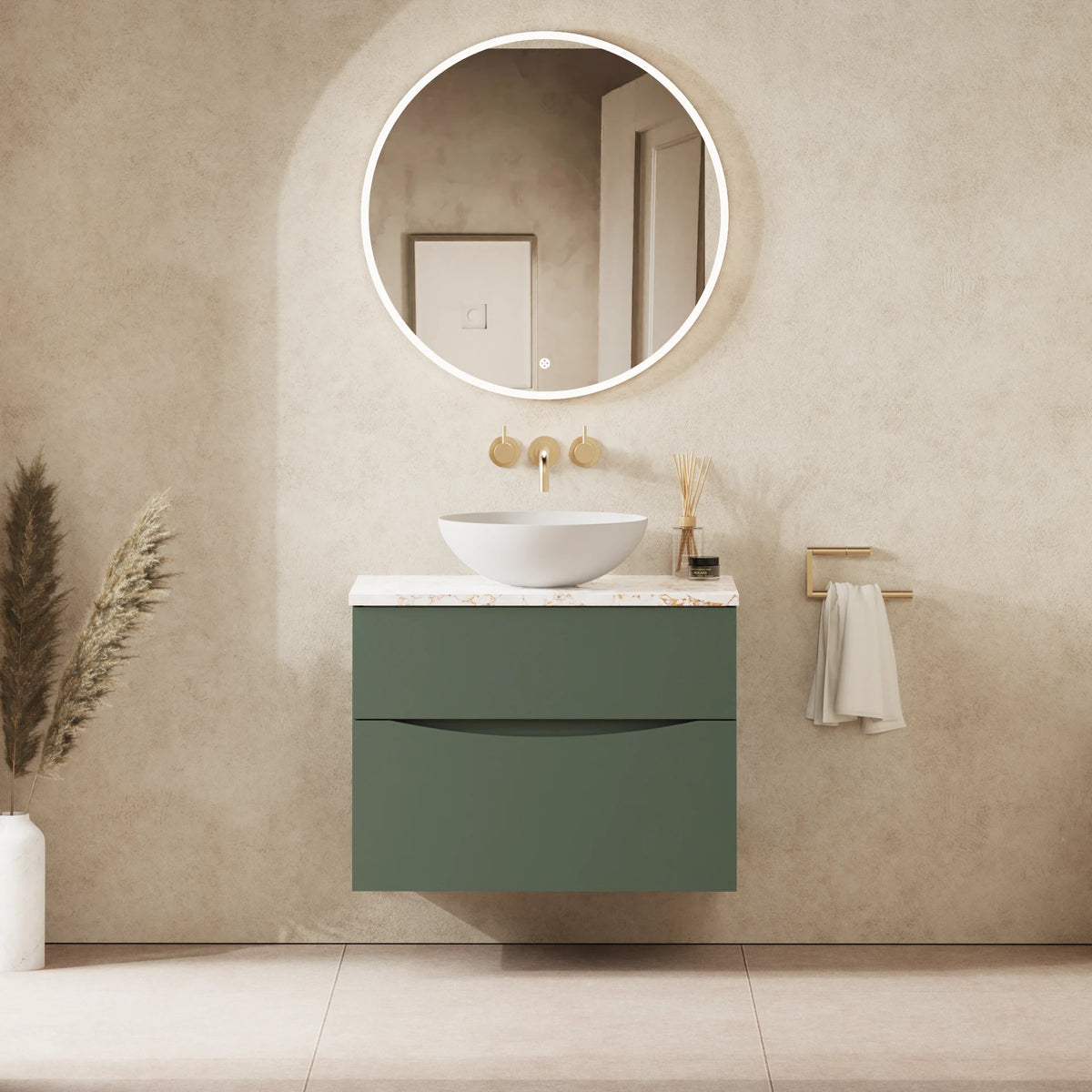 Crosswater Glide II 700 Double Drawer Unit with Worktop in Sage Green with Gold Vein Estatuario