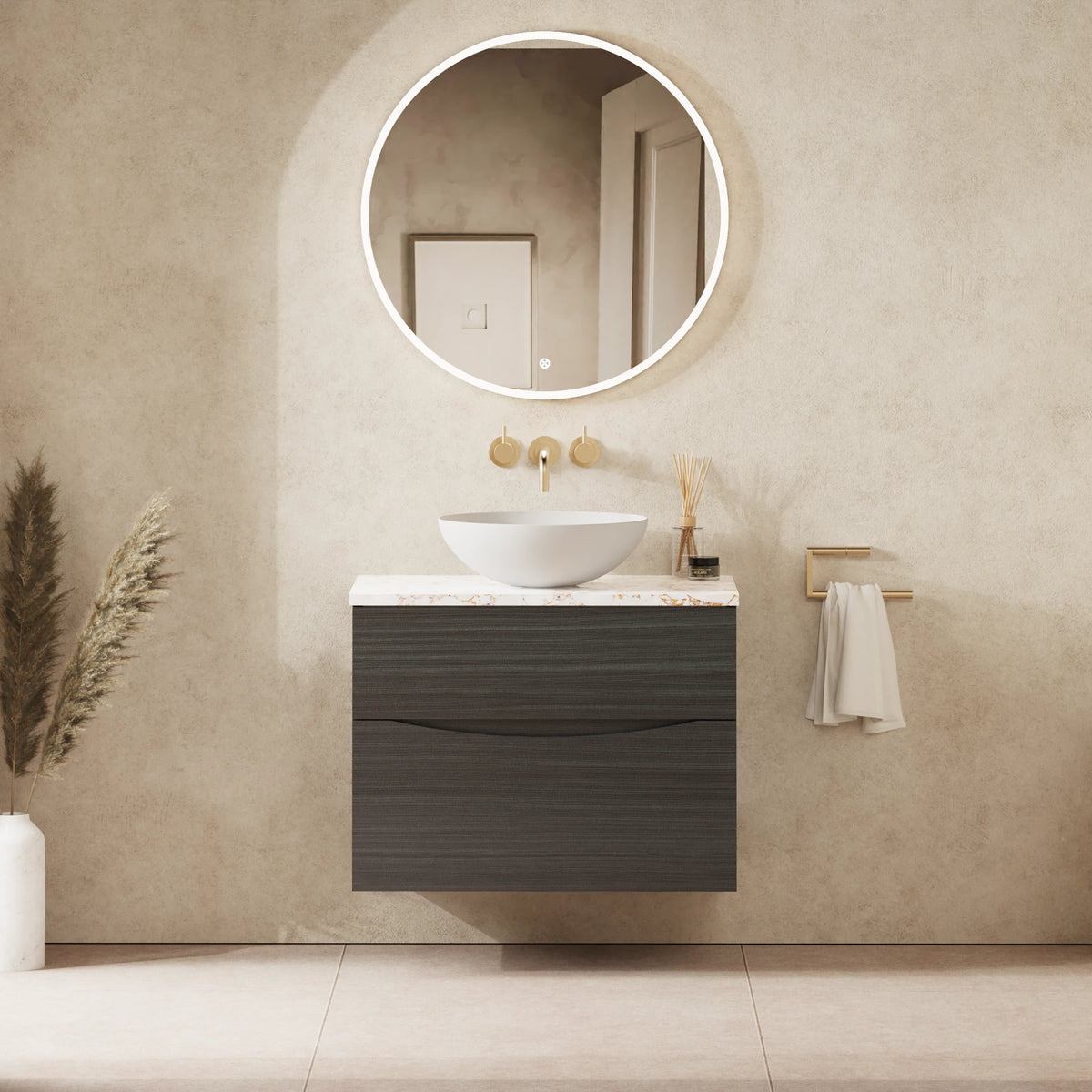 Crosswater Glide II 700 Double Drawer Unit with Worktop in Steelwood with Gold Vein Estatuario