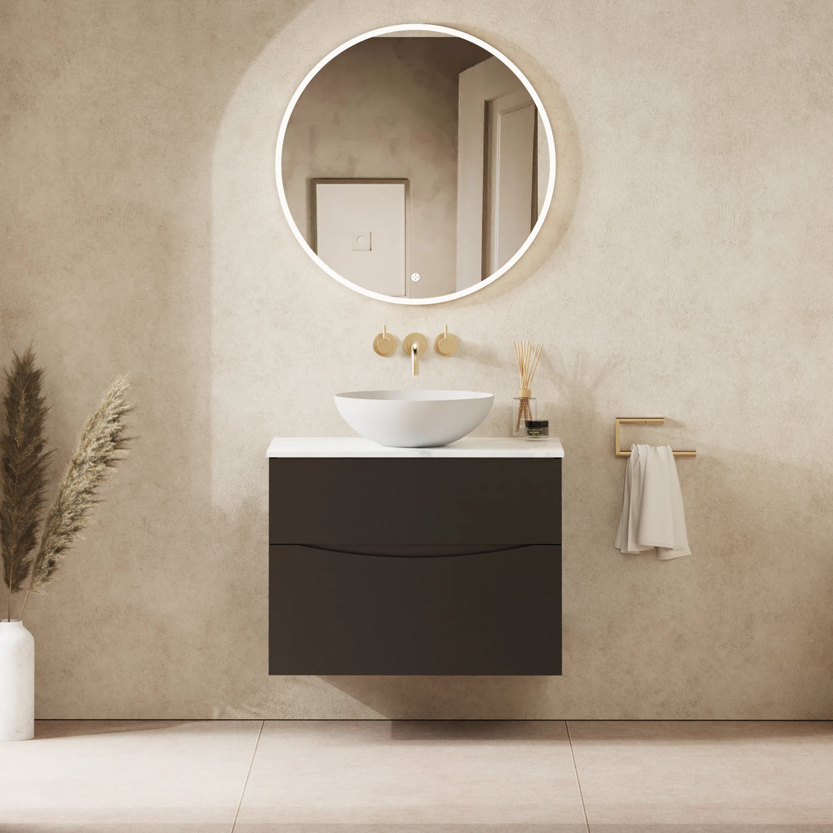 Crosswater Glide II 700 Double Drawer Unit with Worktop in Matt Black with Carrara Marble Effect