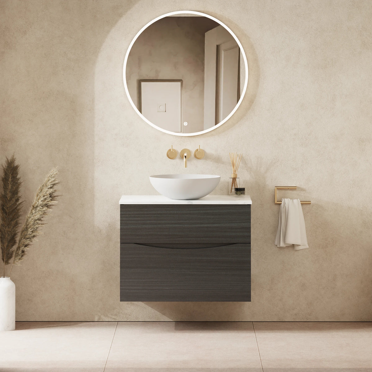 Crosswater Glide II 700 Double Drawer Unit with Worktop in Steelwood with Carrara Marble Effect