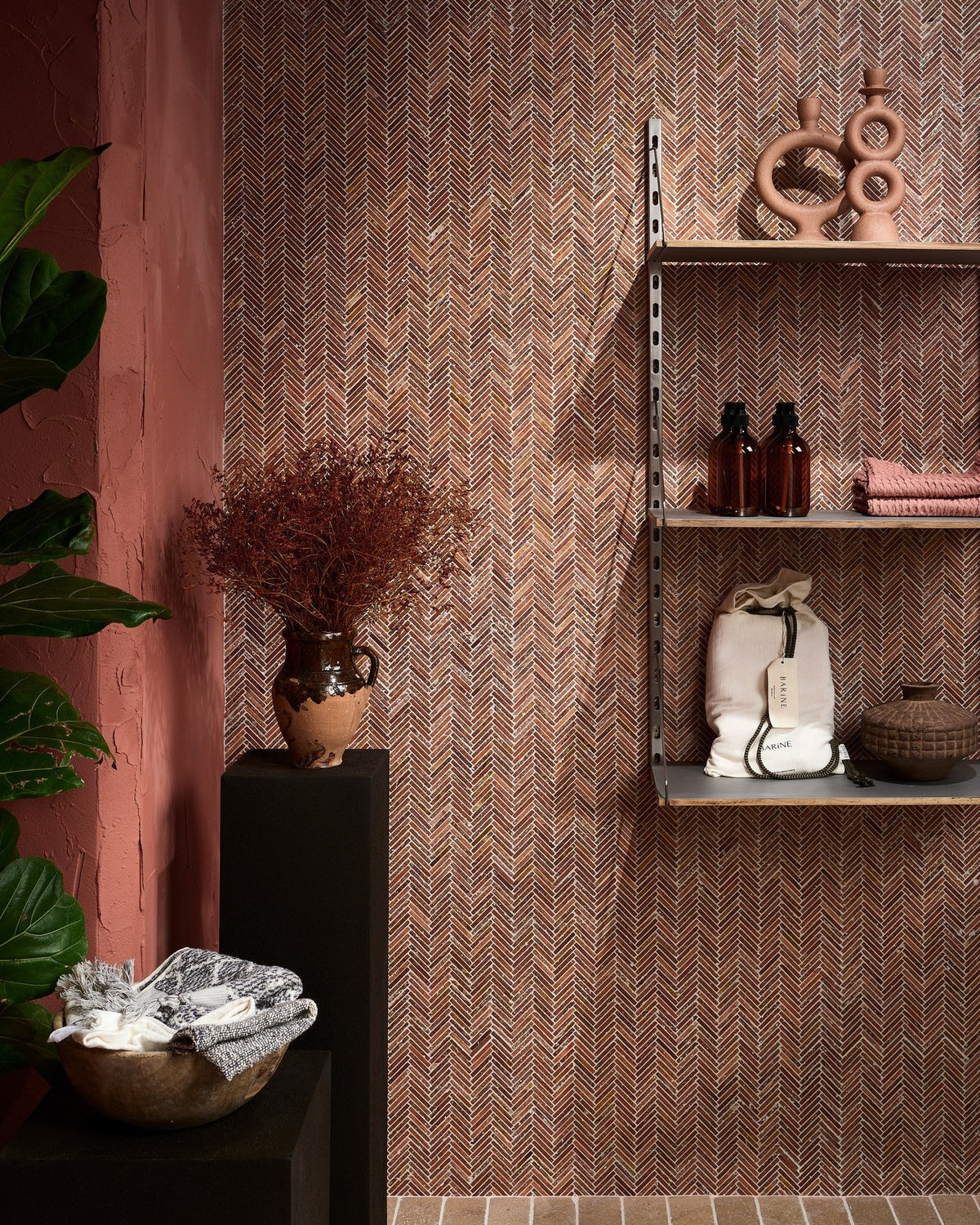 Ca’ Pietra Athens Rosso Travertine Mosaic — official gallery image 1