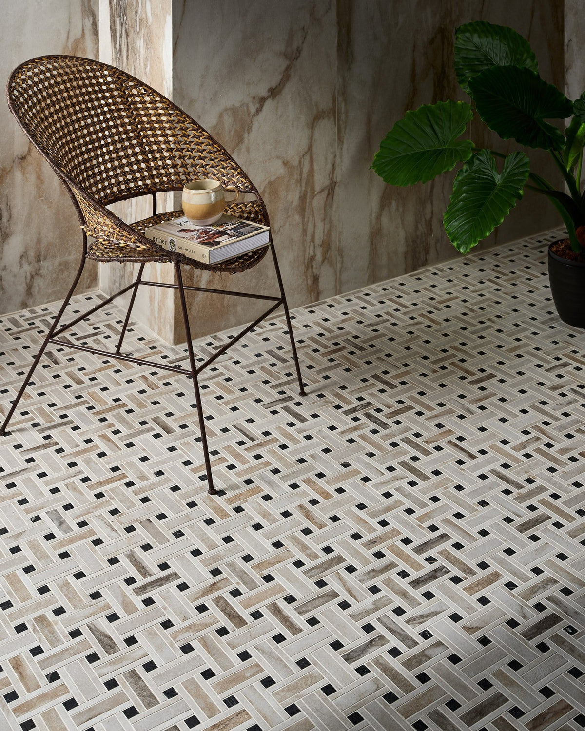 Ca’ Pietra East Village Porcelain Basketweave Mosaic Oro — official gallery image 1