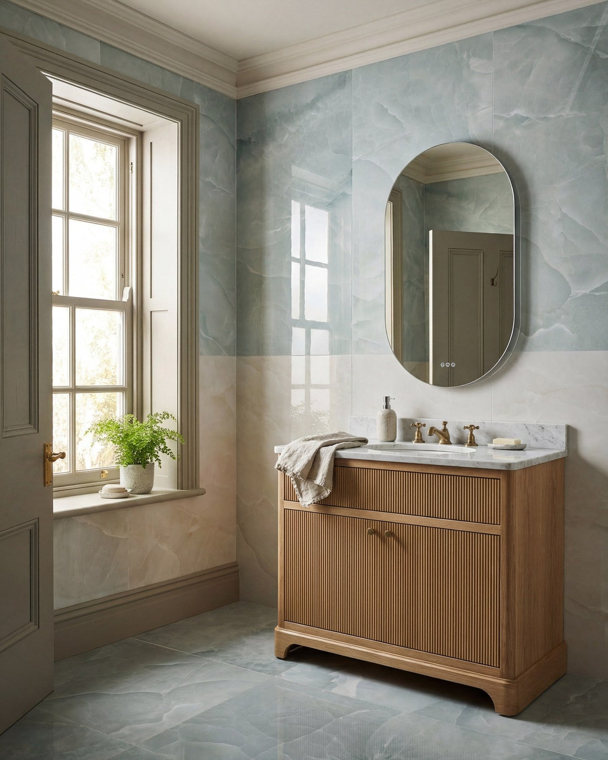 Ca’ Pietra Illusion Whisper Onyx Porcelain Polished Lagoon — official gallery image 5