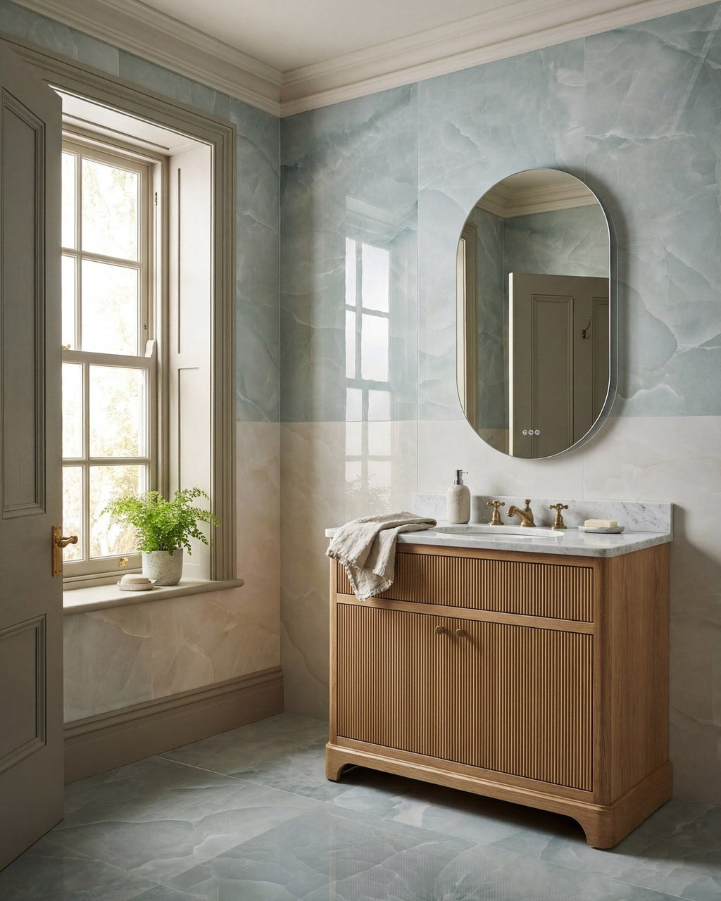 Ca’ Pietra Illusion Whisper Onyx Porcelain Polished Mist — official gallery image 7