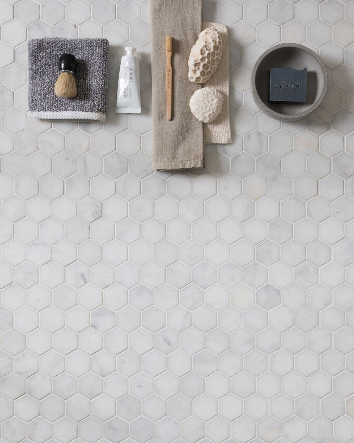Ca’ Pietra Long Island Marble Small Hexagon Mosaic — official gallery image 4