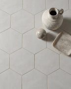 Ca’ Pietra Shadow White Hex Field Porcelain — official gallery image 1