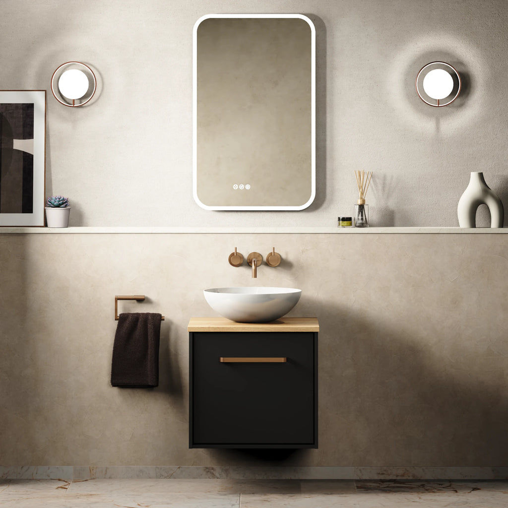 Crosswater Infinity 500 Furniture Unit with Worktop in Matt Black with Windsor Oak worktop
