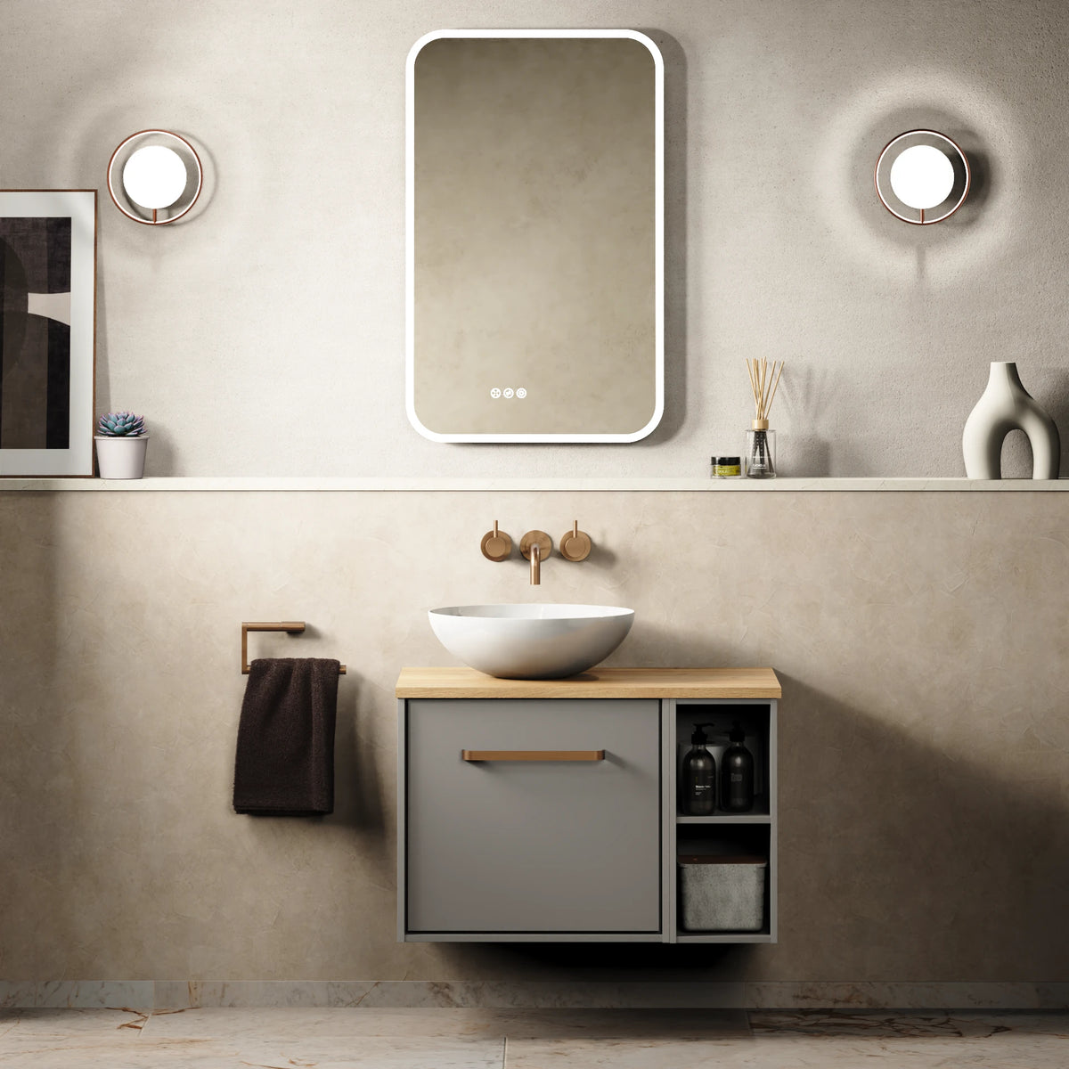 Crosswater Infinity 700 Furniture Unit with Worktop in Storm Grey with Windsor Oak worktop