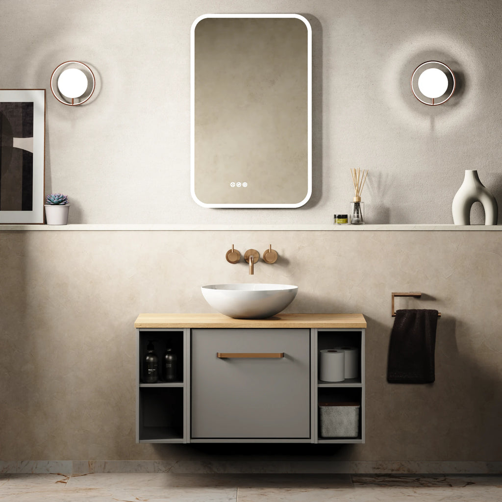 Crosswater Infinity 900 Furniture Unit with Worktop in Storm Grey with Windsor Oak worktop