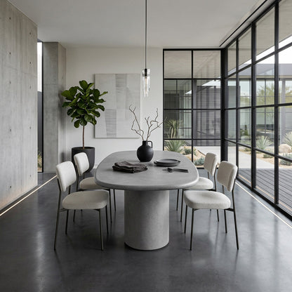 Microcement dining table in Azul in a modern concrete dining room