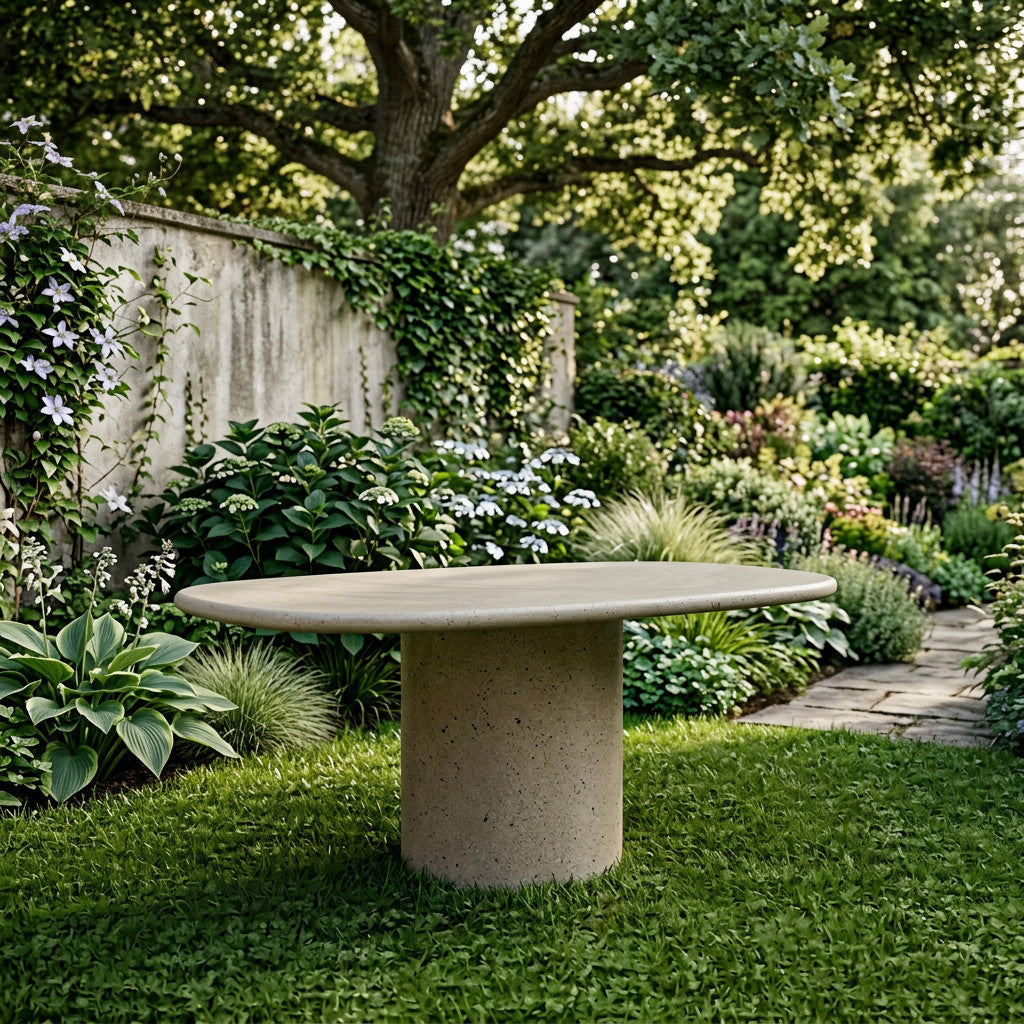 Microcement dining table in Hueso in a planted garden
