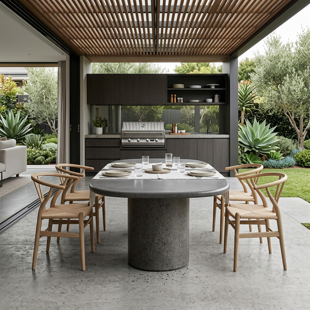 Microcement dining table in Plata in a covered outdoor kitchen