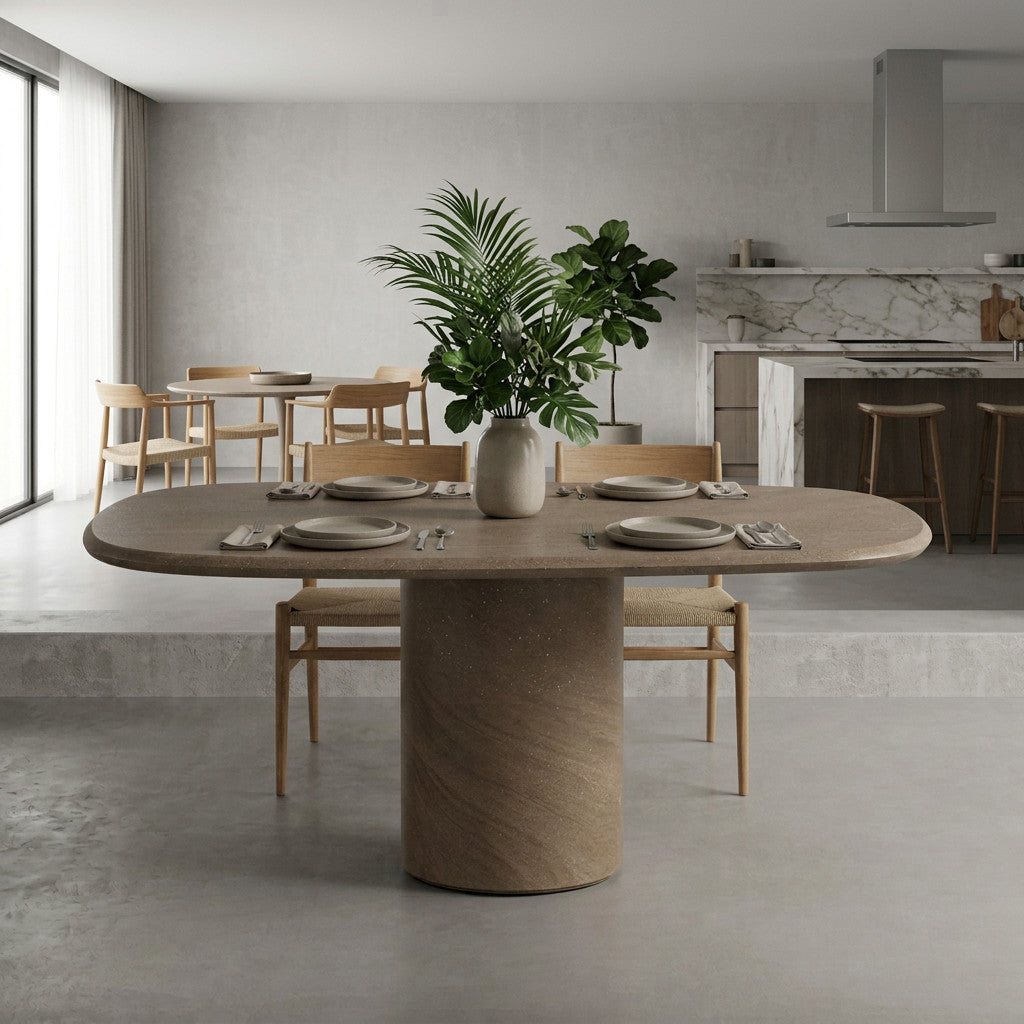 Microcement dining table in Terra in a modern kitchen with oak dining chairs