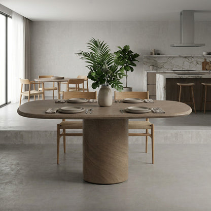 Microcement dining table in Terra in a modern kitchen with oak dining chairs