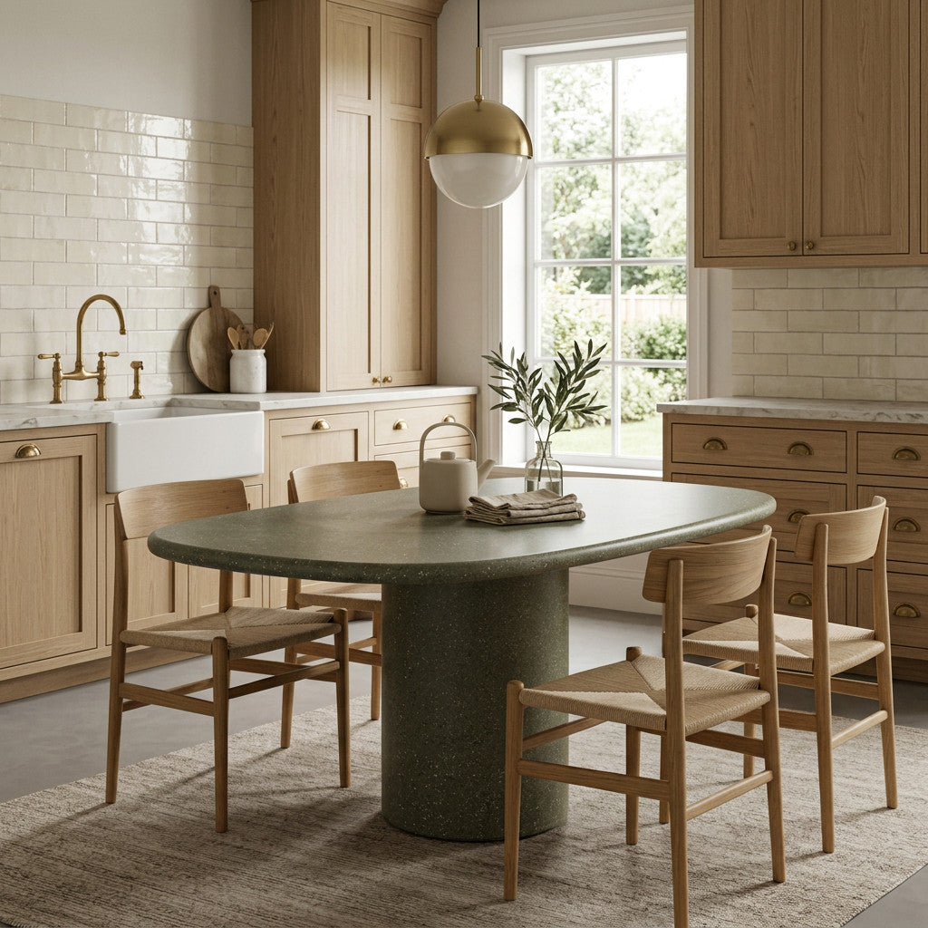 Microcement dining table in Verde in a Scandinavian oak kitchen