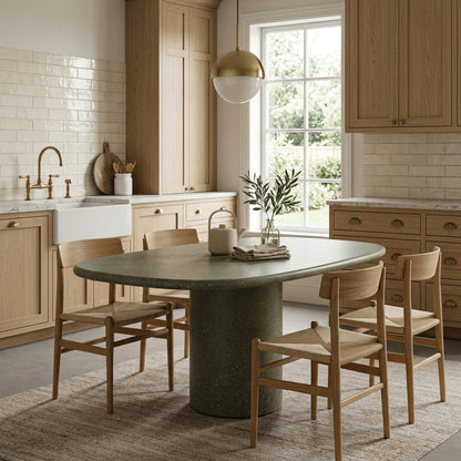 Microcement dining table in Verde in a Scandinavian oak kitchen