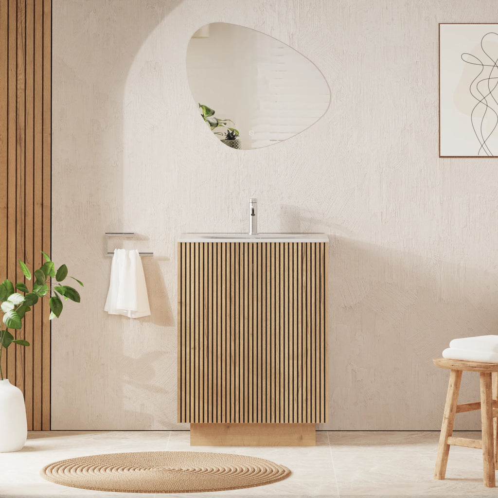 Crosswater Limit 600 Floorstanding Door Unit with Basin in Modern Oak with Ice White Glass, 1 Tap Hole