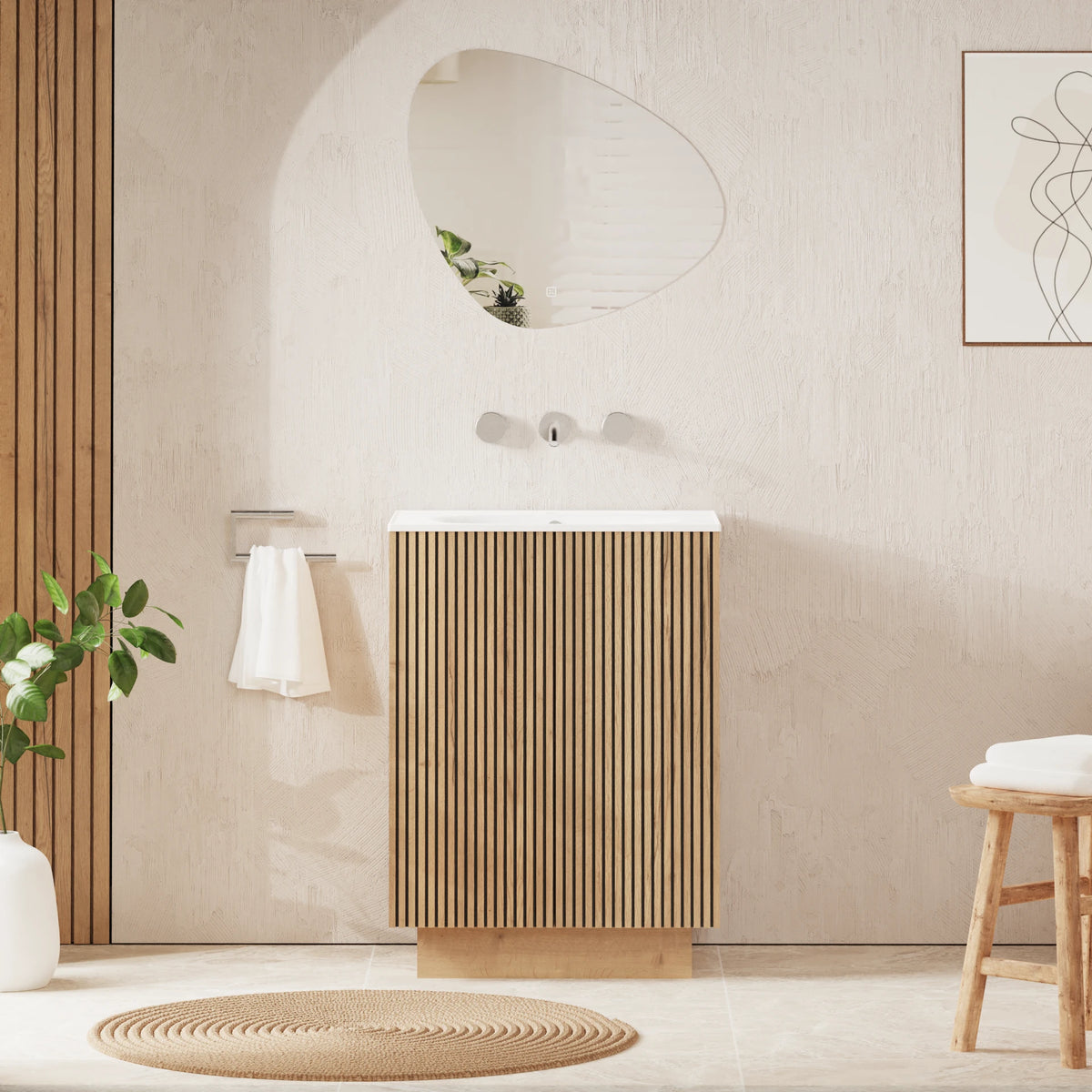 Crosswater Limit 600 Floorstanding Door Unit with Basin in Modern Oak with Ceramic, 3 Tap Holes