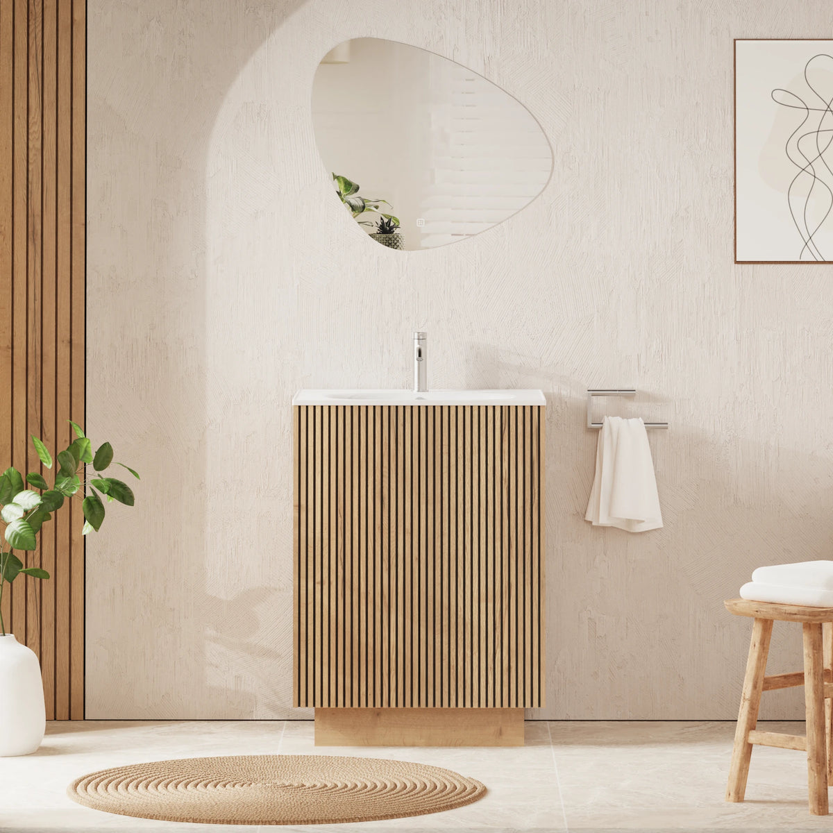 Crosswater Limit 600 Floorstanding Door Unit with Basin in Modern Oak with Cast Mineral Marble, 1 Tap Hole
