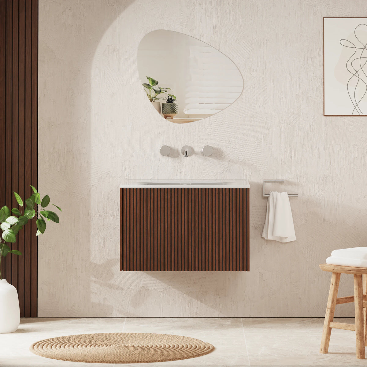 Crosswater Limit 700 Wall Hung Drawer Unit with Basin in Royal Walnut with Ice White Glass, No Tap Hole