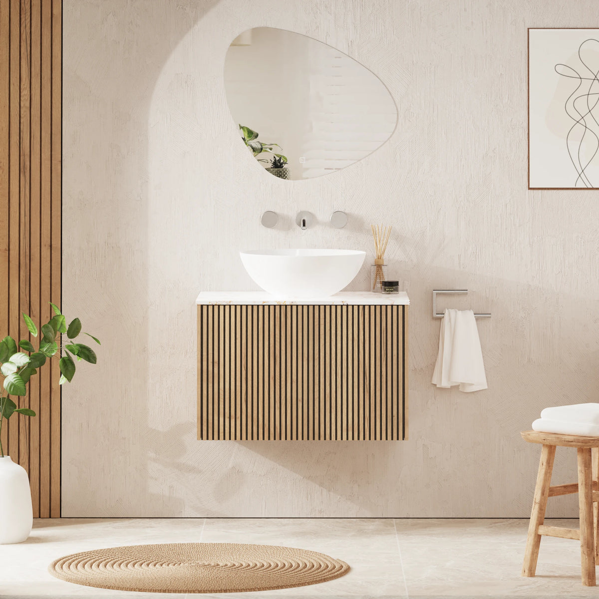 Crosswater Limit 700 Wall Hung Drawer Unit with Worktop in Modern Oak with Gold Vein Estatuario worktop