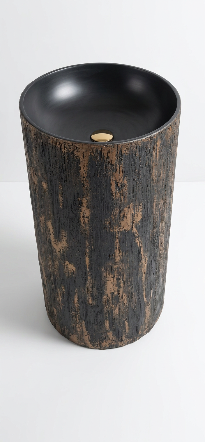 Microcement freestanding cylinder basin in Bronce finish, textured Marmorino plaster with bronze metallic wax and a matt black bowl interior