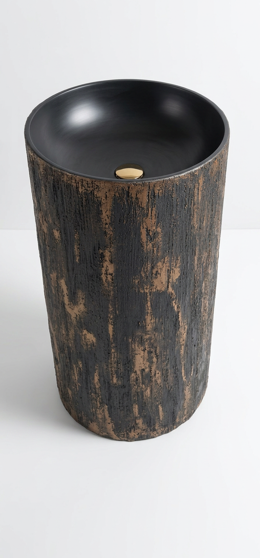 Microcement freestanding cylinder basin in Bronce finish, textured Marmorino plaster with bronze metallic wax and a matt black bowl interior