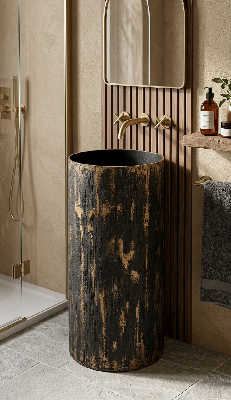Bronce microcement freestanding basin styled in a bathroom with brushed brass wall-mounted taps and slatted walnut panelling