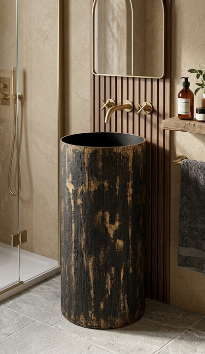 Bronce microcement freestanding basin styled in a bathroom with brushed brass wall-mounted taps and slatted walnut panelling