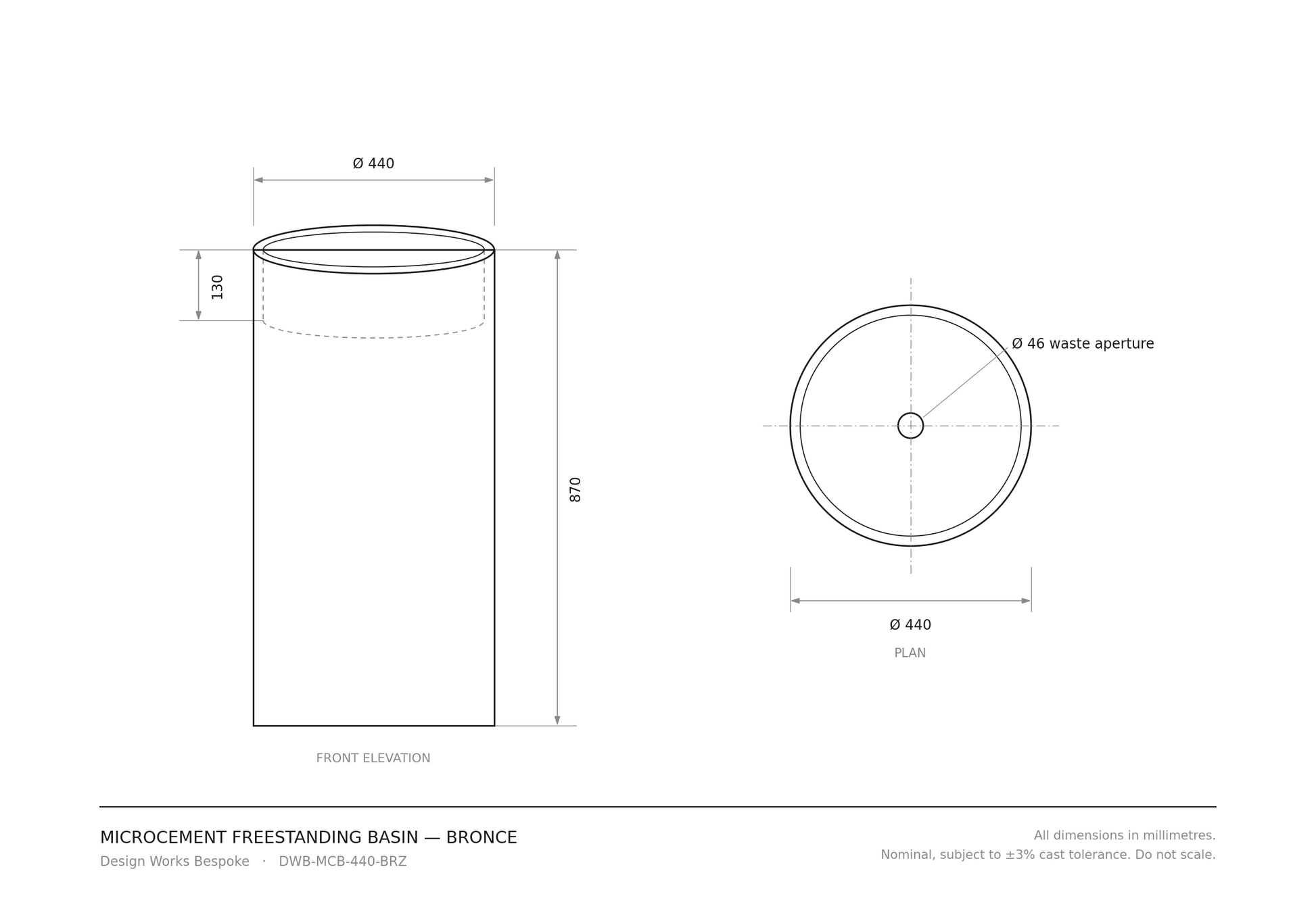 Dimension drawing of the Bronce microcement freestanding basin: 440mm diameter, 870mm high, 130mm bowl depth, 46mm waste aperture