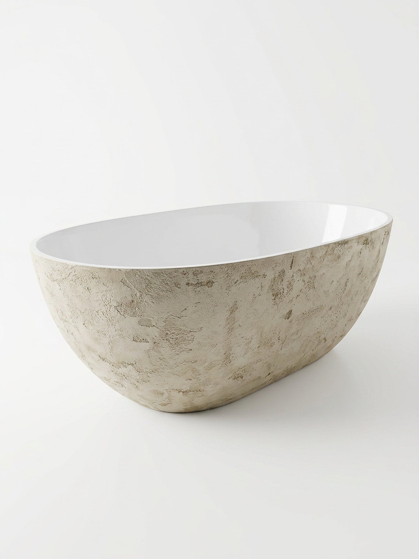 Hand-finished microcement freestanding bath 1600mm in natural stone effect with white interior