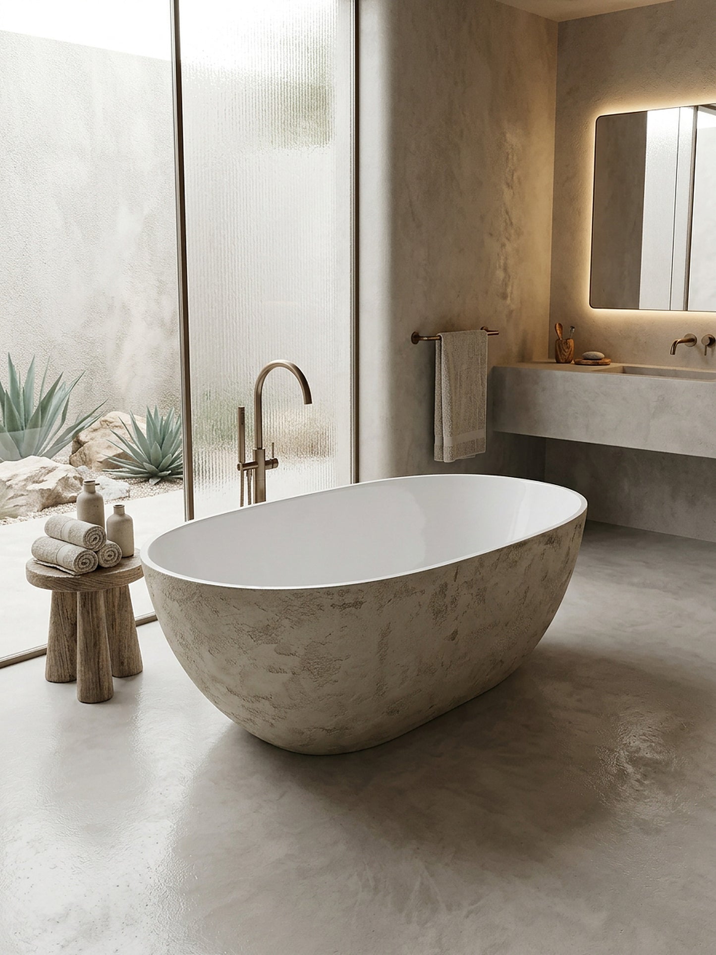 Stone effect microcement bath in a polished microcement bathroom with brushed brass tap