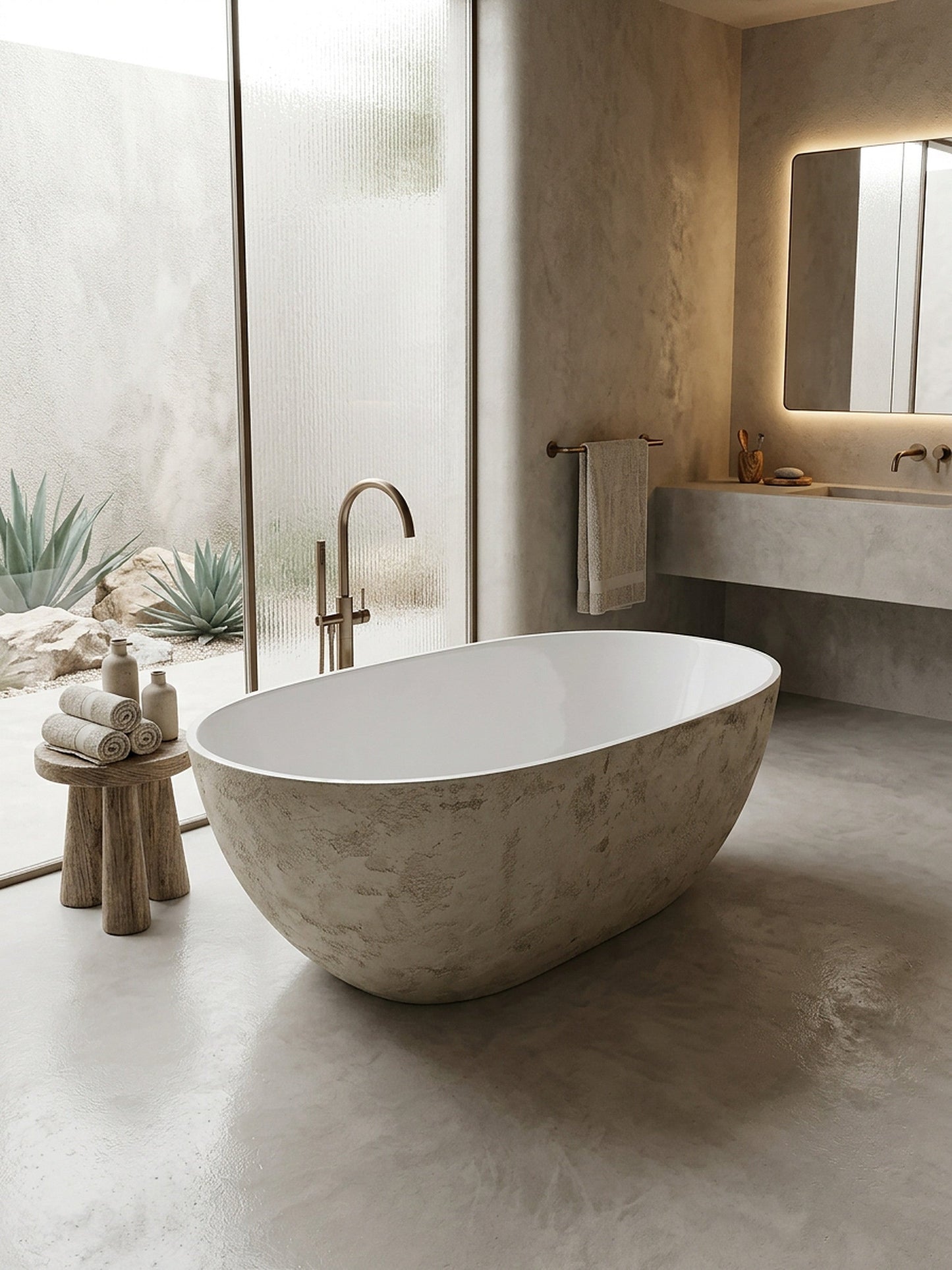 Microcement bathroom with hand-finished stone effect freestanding bath