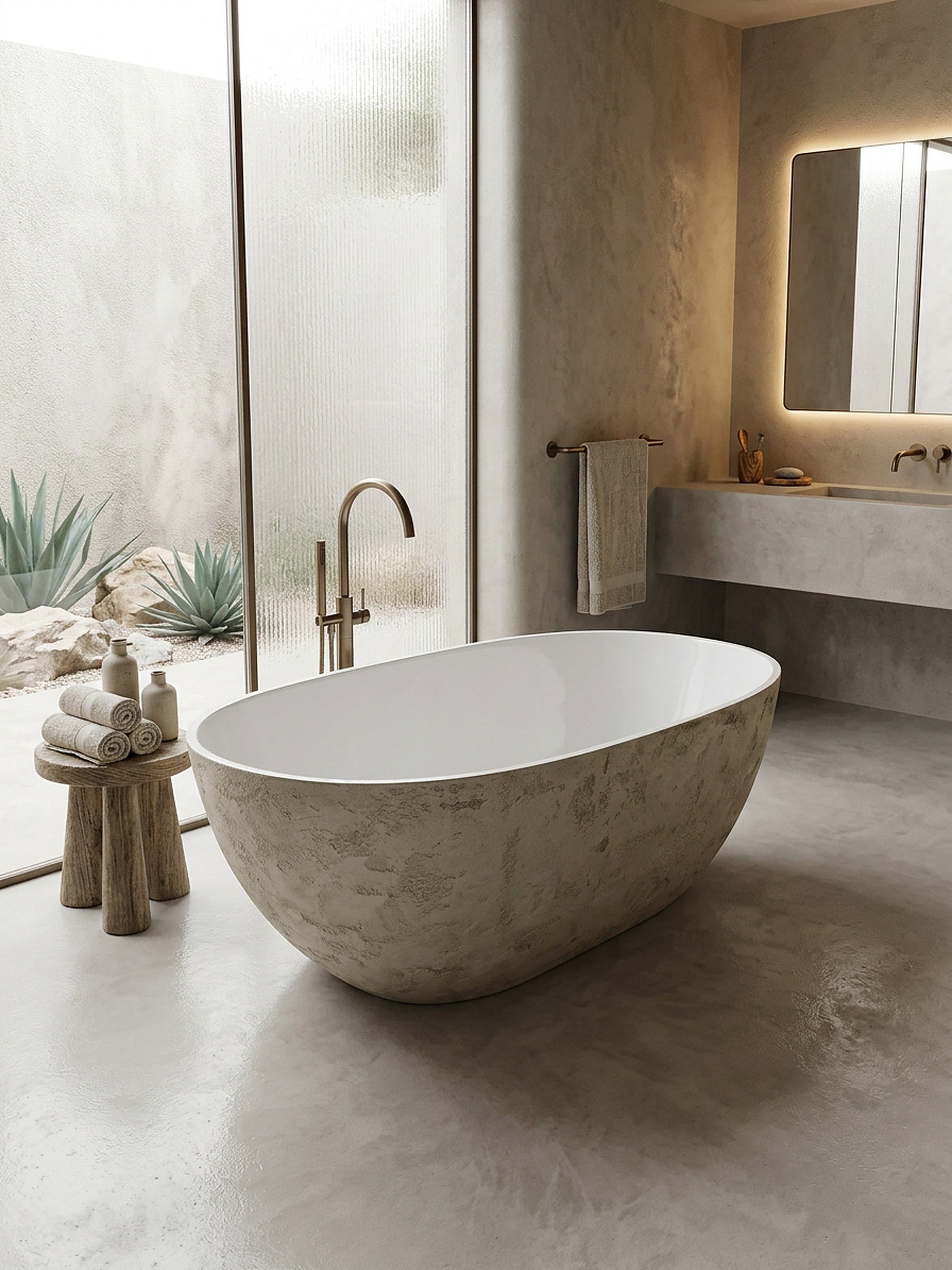 Microcement bathroom with hand-finished stone effect freestanding bath