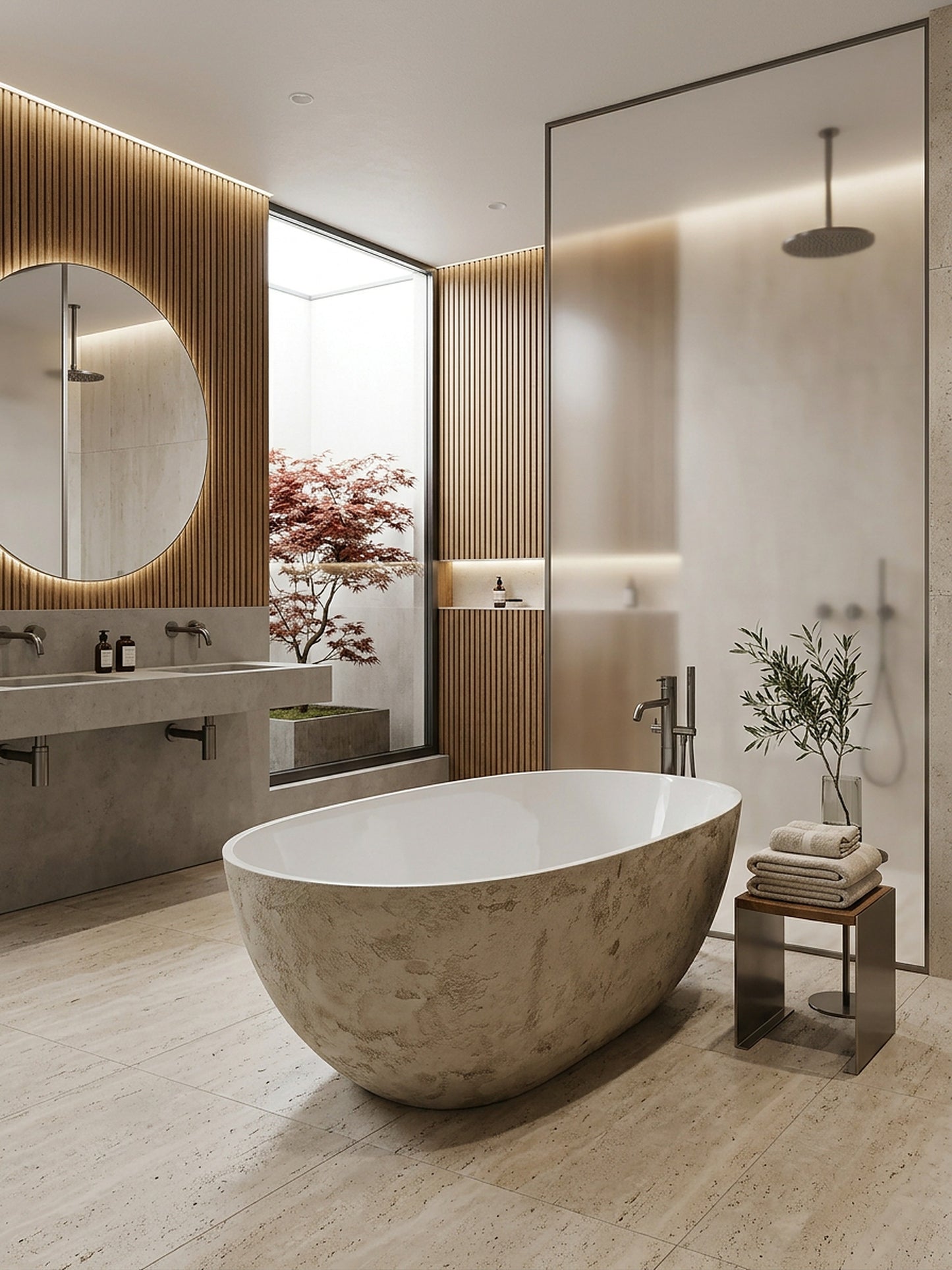 Microcement freestanding bath in a modern travertine bathroom with fluted oak panelling