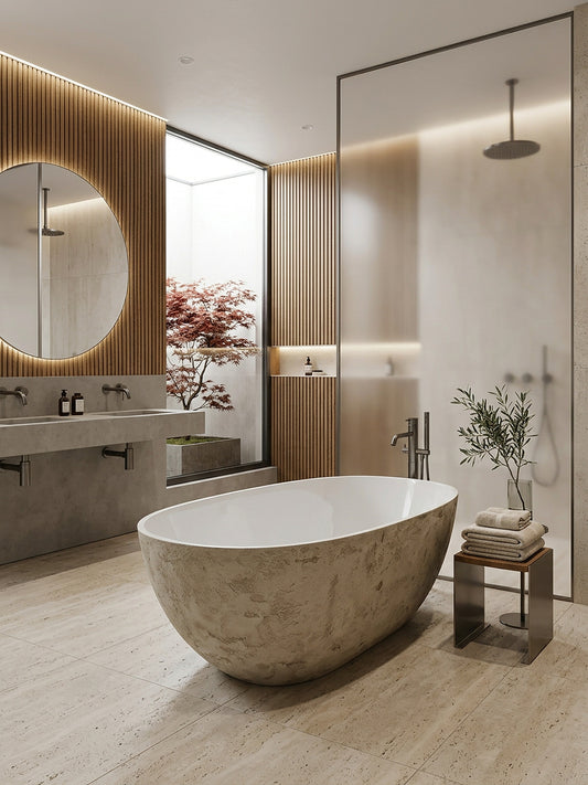Microcement freestanding bath in a modern travertine bathroom with fluted oak panelling