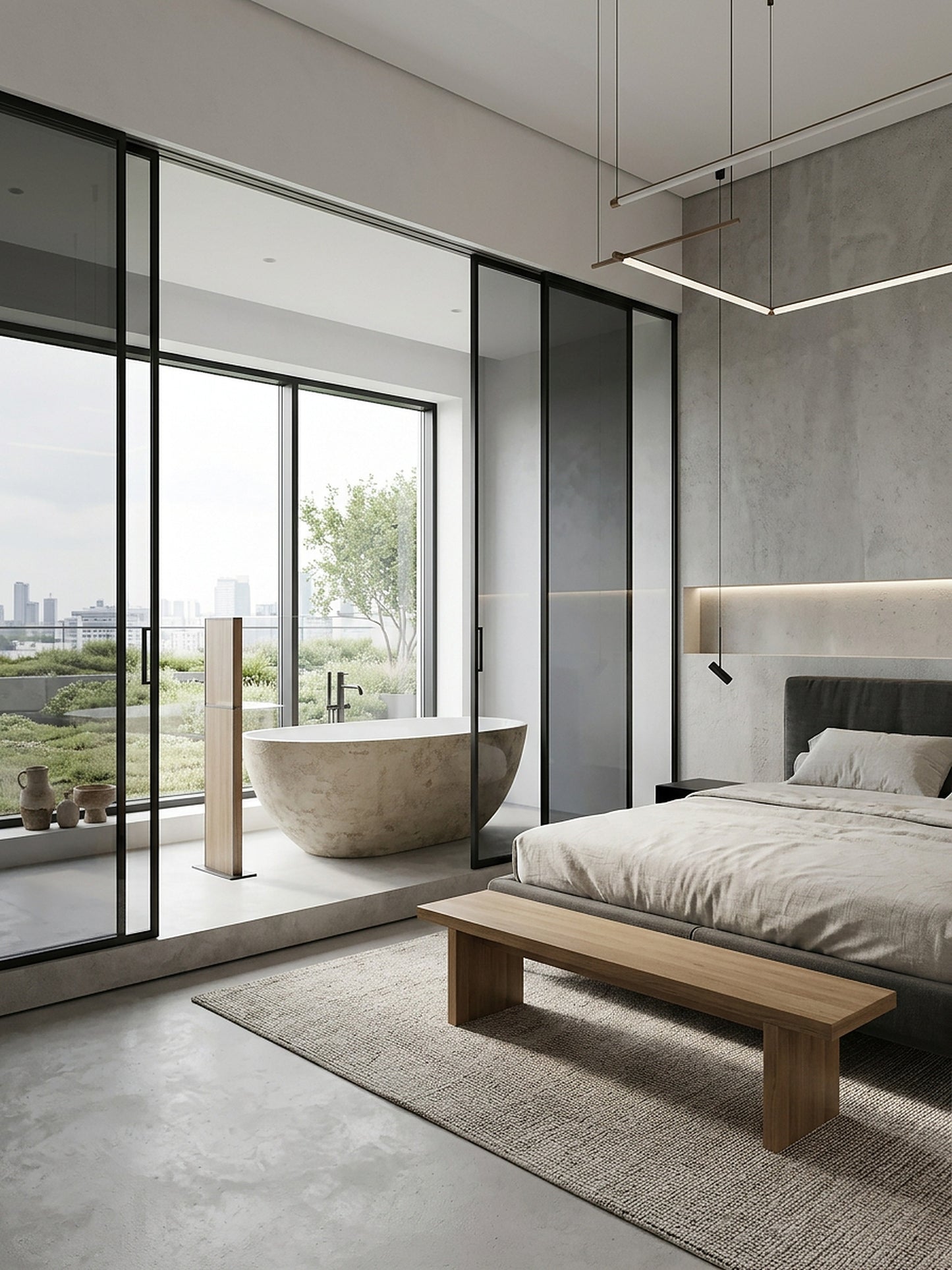 Microcement freestanding bath in an open-plan modern bedroom suite with city view