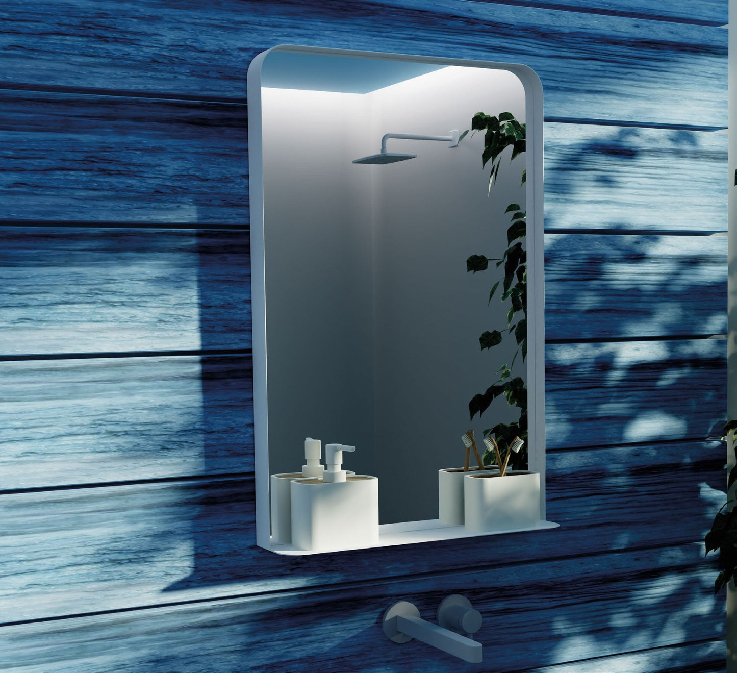Origins Living City Mirror with Shelf in a bathroom setting