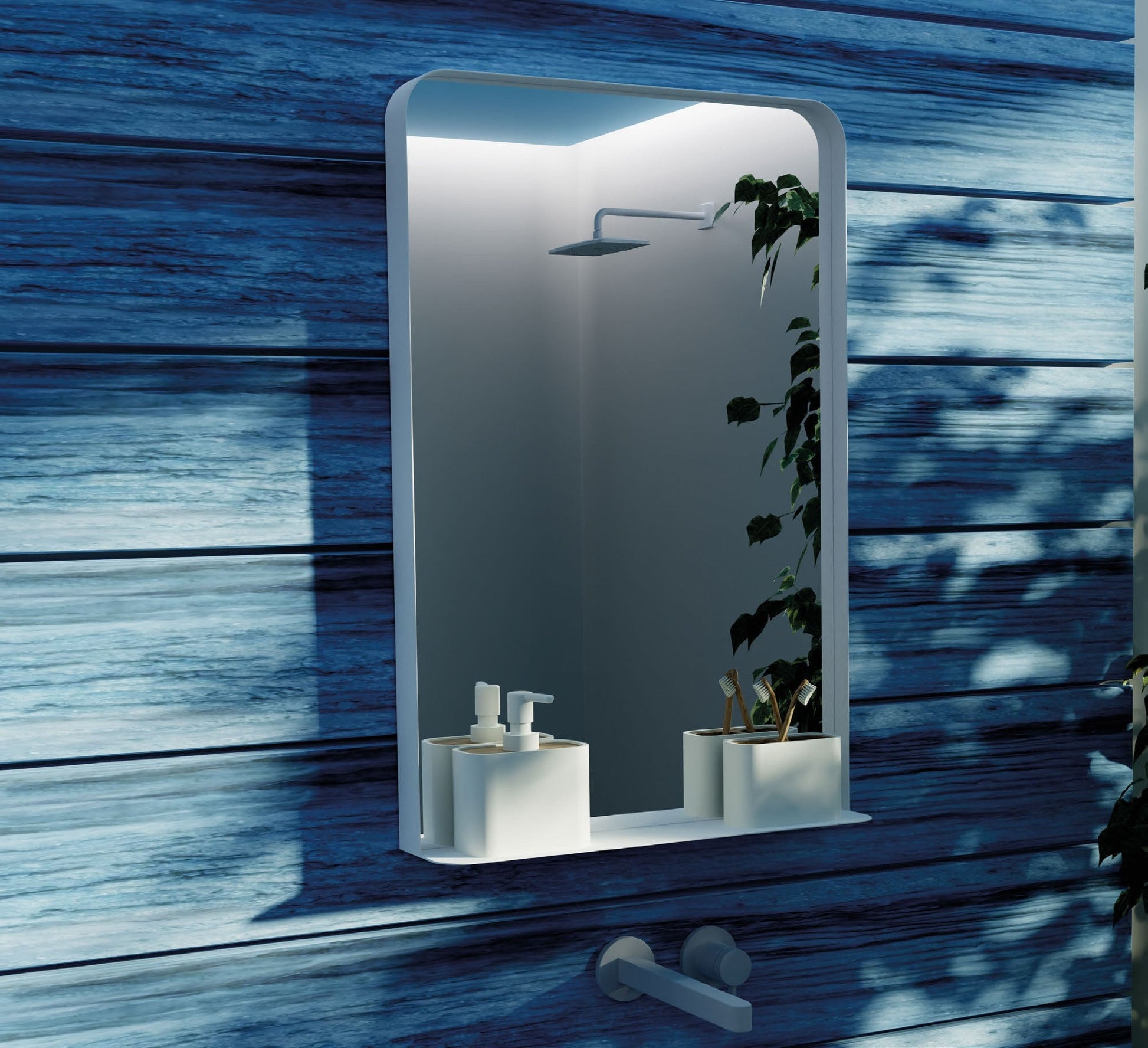 Origins Living City Mirror with Shelf in a bathroom setting