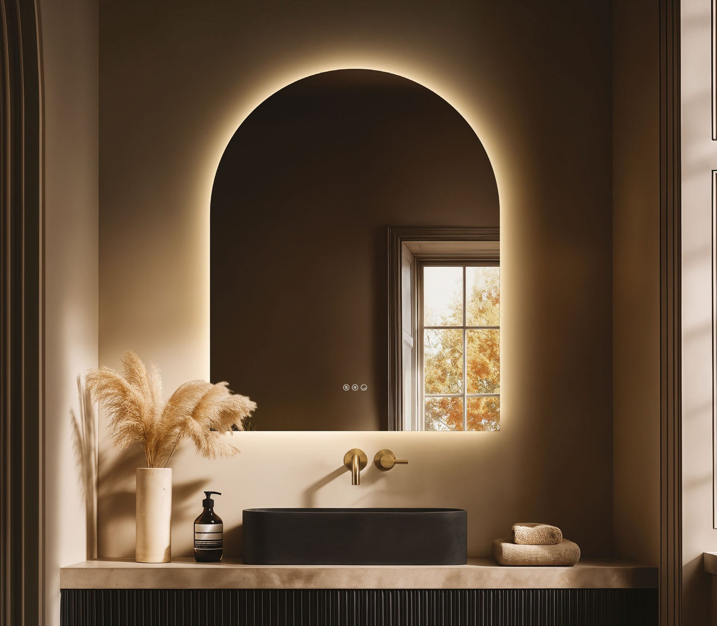 Origins Living Claris Arch LED Mirror in a bathroom setting